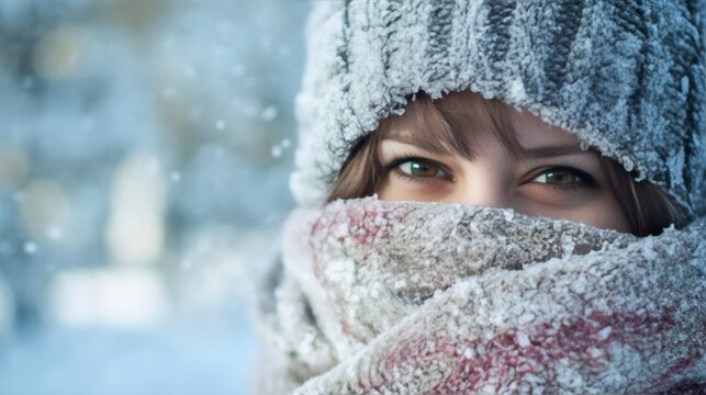 Joyful Winter Portrait of a Girl in a Frosty Beanie and Scarf Enjoying a Snowy Day Outdoors