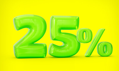 Green jelly digit 25% or Twenty five percent isolated on yellow background. 3d illustration