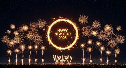 New year 2023 fireworks display with glowing oval frame and dark sky