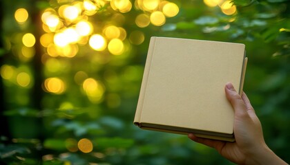 Obraz premium A person holding an open book surrounded by lush greenery under a warm sunset, perfect for text