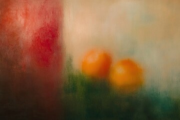 Blurry still life red pitcher, oranges, green surface
