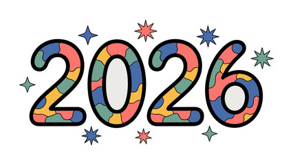 Vision 2026: An illustrated display of the year 2026, bursting with colorful creativity, and sparkling with decorative stars, representing optimism and aspirations.