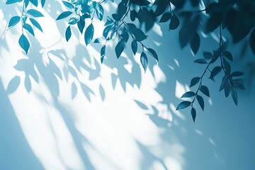 Leaves cast blue shadows on pale wall, ethereal and serene