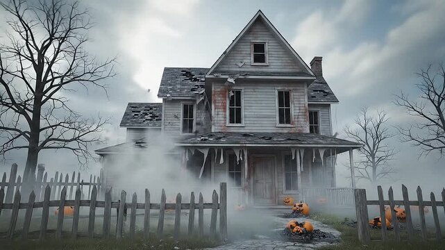Hyperlapse shot of the zombie-decorated house. The sky rapidly cycles from day to night, pumpkins rot in fast motion, and fog rolls in and out