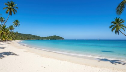 Fototapeta premium A pristine tropical beach with white sand, turquoise ocean, and palm trees under a clear blue sky, perfect for a relaxing vacation.