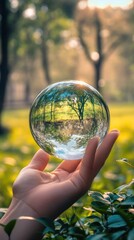 Forest in crystal ball held in hand, green nature scene