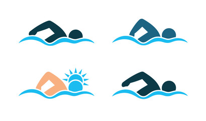 Obraz premium Four stylized icons depict swimmers in water, with one showing a sunrise to symbolize early morning activity.