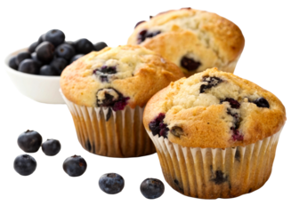 Three delicious golden blueberry muffins with visible fruit and paper wrappers standing next to a bowl of fresh berries for bakery promotions and sweet snack advertisements