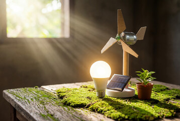 Renewable energy concept with solar panel and wind turbine models on wooden table, glowing light bulb symbolizing clean power, sustainability, and eco-friendly innovation