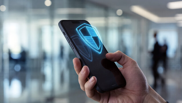 Hand holding smartphone with digital shield icon as cybersecurity representation in office environment