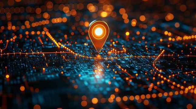 3D geolocation pointer with backlight connected by a glowing route line on a dark surface. Navigation, path, maps, travel, innovation, and mobile app.
