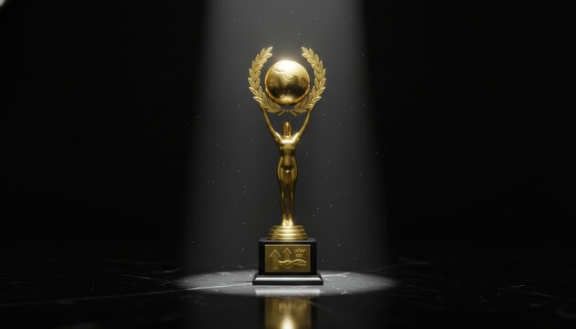 A golden award trophy with a globe and laurel wreath stands in a spotlight on a dark background, symbolizing achievement and success.