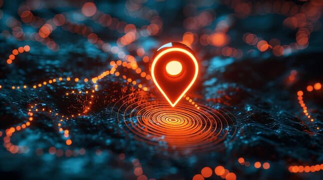 3D geolocation pointer with backlight connected by a glowing route line on a dark surface. Navigation, path, maps, travel, innovation, and mobile app.