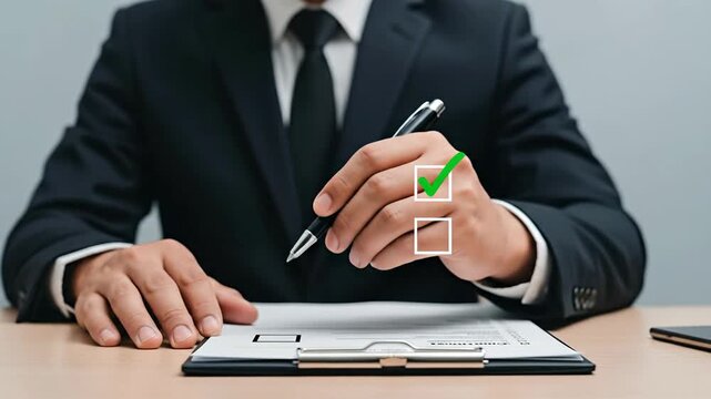 Businessman in a suit checking a checklist with a pen on a clipboard.