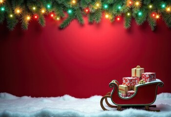 Merry Christmas and Happy New Year red background with Santa's sleigh filled with Christmas gift boxes and fir branches with glowing garland. Template for card or greeting poster with space for text