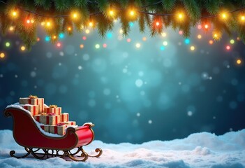 Merry Christmas and Happy New Year blue snowy background with Santa's sleigh with Christmas gift boxes and fir branches with glowing garland. Template for card or greeting poster with space for text