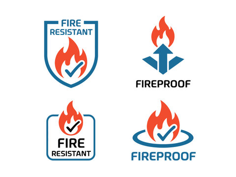 A collection of four stylized icons representing fire resistance and fireproof qualities with flames and checkmarks.