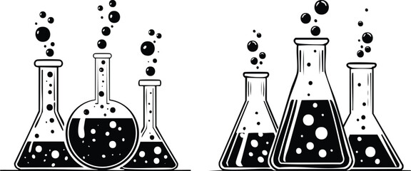 Scientific laboratory glassware with bubbling liquid drawn in minimalist monochrome line art for research themes