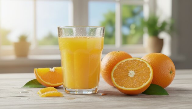 Freshly squeezed orange juice in a glass with whole and sliced oranges on a wooden table by a sunny window. - Powered by Adobe