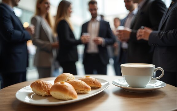 A networking coffee break at a corporate event, participants mingling with blurred focus on elegant pastries and coffee cups. High quality