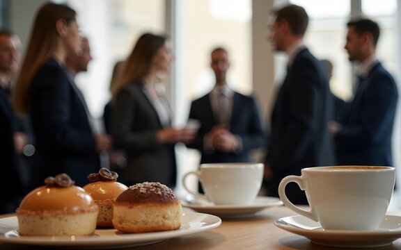A networking coffee break at a corporate event, participants mingling with blurred focus on elegant pastries and coffee cups. High quality