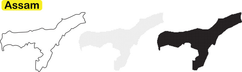 Fototapeta premium Outline and filled map silhouettes of the indian state of assam