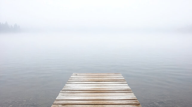 Misty lake with wooden dock leading into calm foggy water, serene atmosphere