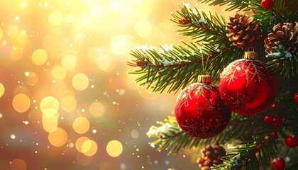 Natural Christmas Background: Snowy Pine Branches, Cones, Red Ornaments, and Berries with Sunny Golden Bokeh.