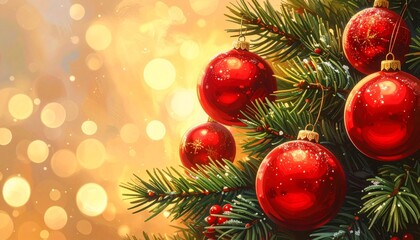 Rustic Christmas Background: Decorated Fir Tree, Pine Cones, and Red Baubles in Warm Light. Winter Holiday Theme.