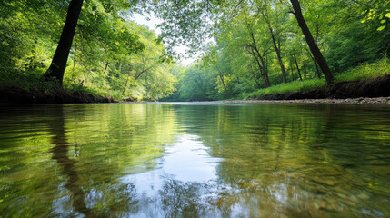 Obraz premium Gentle forest river flowing with soft green reflections peaceful scene