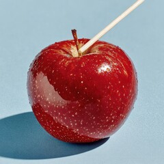 Red apple impaled by a wooden skewer on blue backdrop