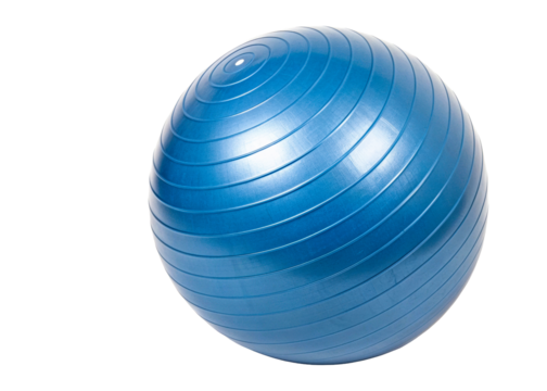 Blue fitness ball with concentric rings for exercise and yoga sessions, perfect for home workouts and rehabilitation programs.