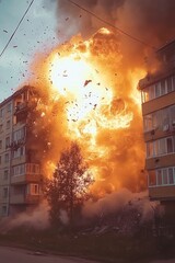 Building destroyed by massive explosion, debris fills air