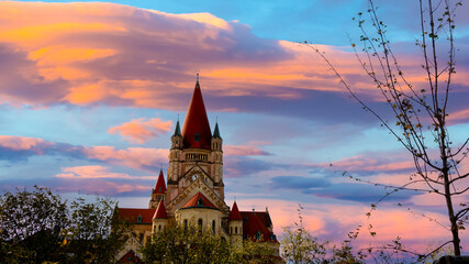 The St. Francis of Assisi Church at Sunset sky scene view , Vienna