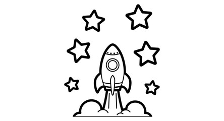 Rocket launch with stars in simple line art style