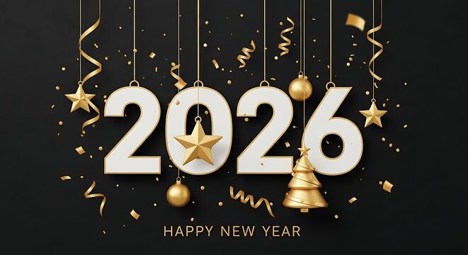 Elegant 2026 new year celebration with gold decorations on black background - Powered by Adobe
