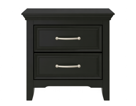 Dark gray wooden two drawer nightstand with silver handles isolated on a transparent background