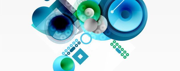 Abstract geometric composition. Circles, squares, lines create modern design. Blue, green hues dominate visual space. Minimalist aesthetic.