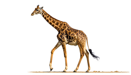 Tall brown spotted giraffe standing on a white background