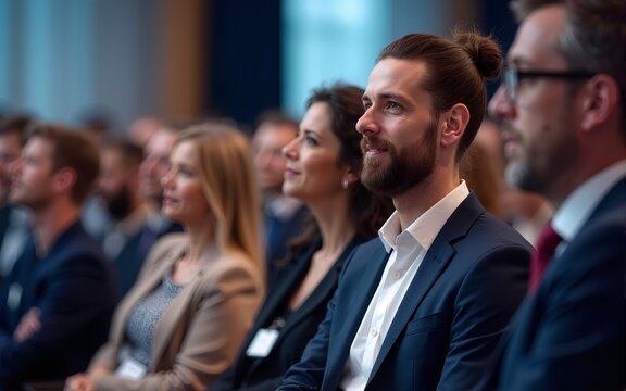 Executive Panel Discussion - Panelists at a business event with a blurred audience in the background. High quality