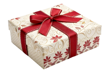 Festive gift box wrapped in elegant cream paper with red floral motifs and adorned with a rich red ribbon and bow, perfect for celebrations and special occasions.