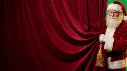 Santa Claus pulling back a red velvet curtain to reveal holiday surprise, cheerful senior in festive suit and gloves creating Christmas magic for seasonal marketing and winter celebration