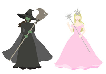 Vector illustration of a blonde good witch and a green-skinned wicked witch.Two witch characters from the Wizard of Oz in fantasy and fairy tales.	