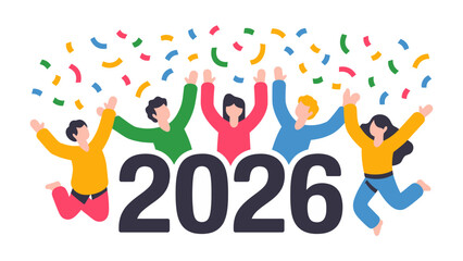 Joyful Proclamation of the New Year: A group of enthusiastic individuals leap with arms raised towards the shower of colorful confetti, celebrating the arrival of the year 2026.