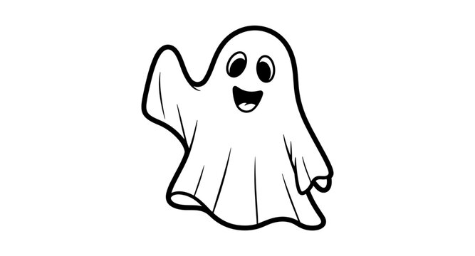 Happy ghost in simple black and white line art for halloween fun