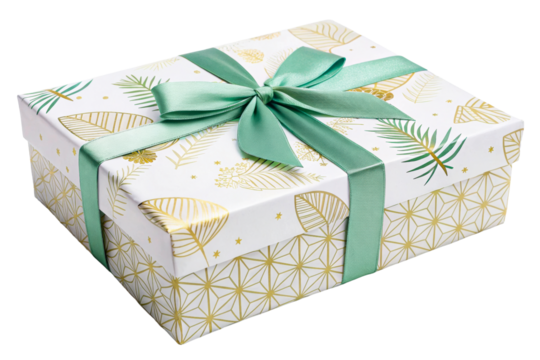 Elegant gift box wrapped in white paper adorned with gold leaf and geometric designs, tied with a festive green ribbon and bow, perfect for celebrations and special occasions.