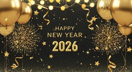 Elegant new year 2026 celebration with gold balloons and fireworks