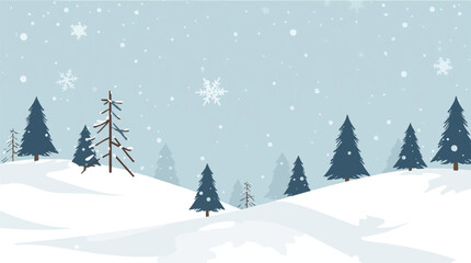Vector illustration of a winter scene with a flat design aesthetic, featuring bold lines, minimal shading, and a limited color palette, with snowflakes, trees