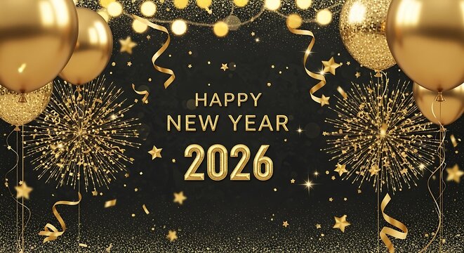 Elegant new year 2026 celebration with gold balloons and fireworks