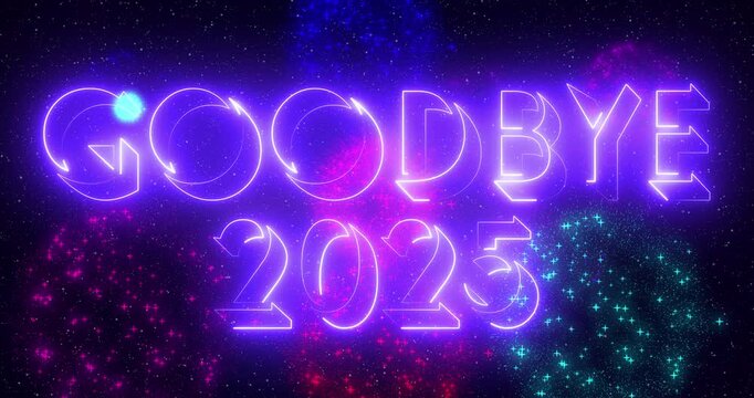 4K Goodbye 2025 welcome 2026 text cool neon animation for banner, social media, greeting card. Past year 2025 new year 2026 text animation with neon colorful fireworks. Easy to use in any video.